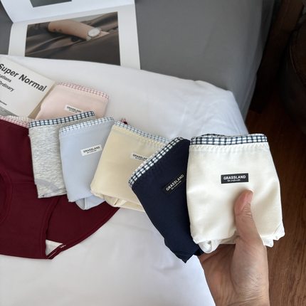 强推miu系格子简约ins运动风复古撞色拼接纯棉少女中腰内裤可爱风