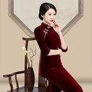 金丝绒喜婆婆婚宴高贵长袖 妈妈走秀旗袍高级礼服女新款 洋气 装 冬季