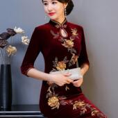 金丝绒旗袍新款 礼服高贵妈妈结婚优雅女高档婚宴高级喜婆婆连衣裙