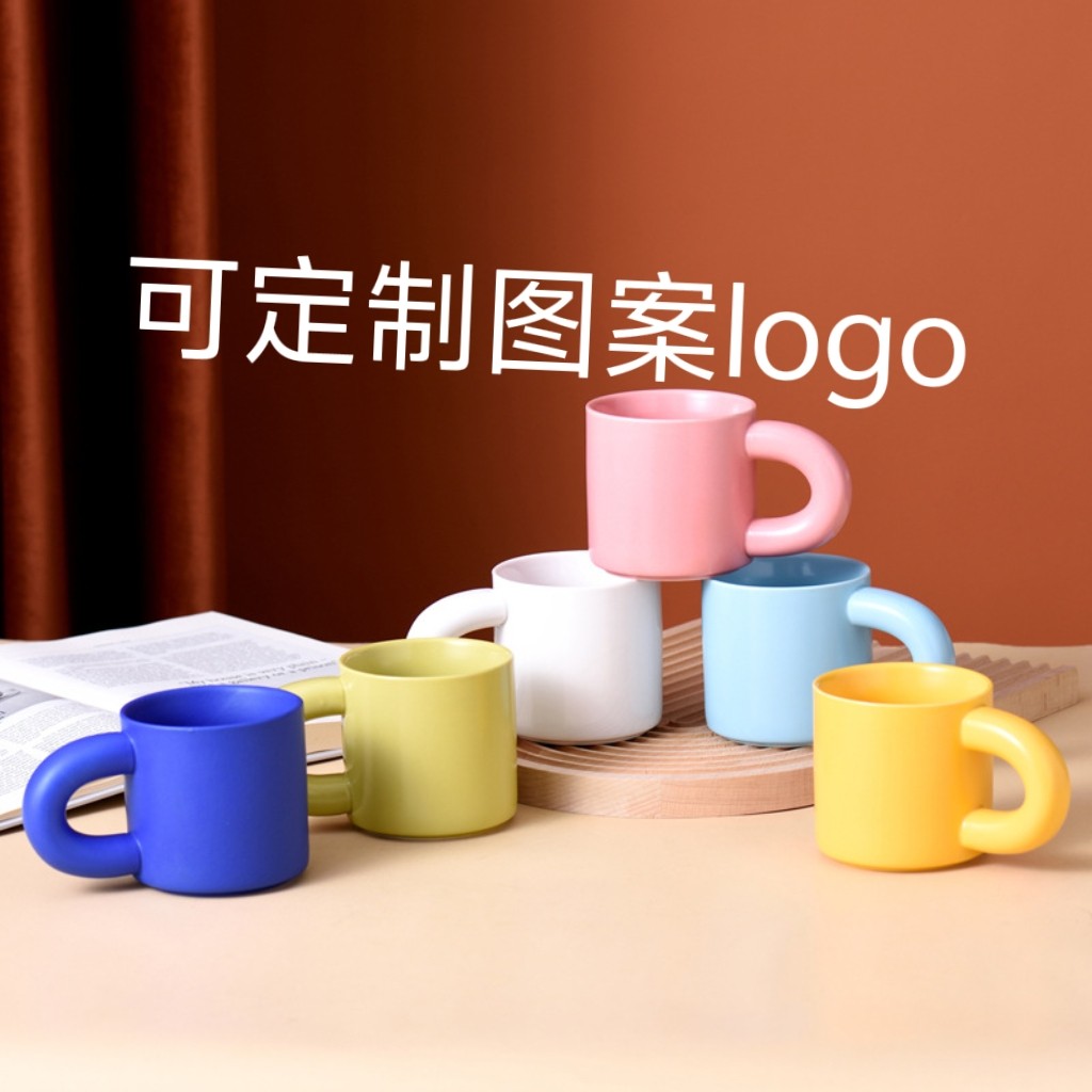 350毫升胖胖杯定制LOGO图案马克杯陶瓷喝水杯子大耳朵胖柄咖啡杯图片