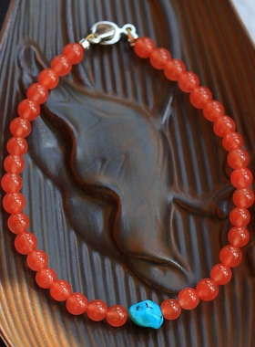 娇艳冰润起荧保山南红玛瑙配绿松石手串