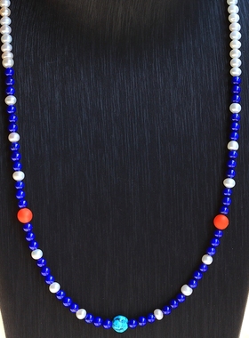 ◆小青2◆阿富汗高品质青金石配高亮泽温润淡水无核珍珠项链