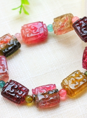 风格独特五彩斑斓西瓜碧玺双面精雕大佛瓜手链（六块西瓜）