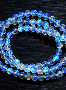 ◆美撼凡尘◆戒面料级别！冰魄蓝光玻璃体蓝彩月光6.3mm圆珠手链