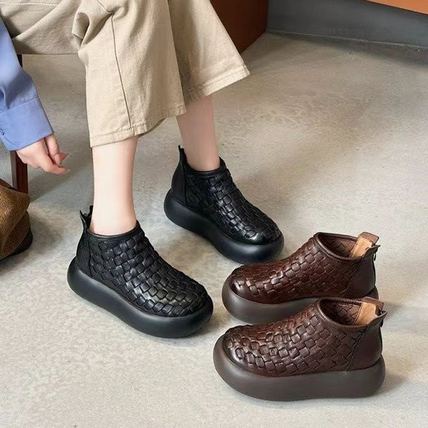 韩系厚底小裸靴新款春秋短筒女鞋真皮复古手工编织软底妈妈短靴子,女鞋,马丁靴,淘宝优惠券,粉丝福利购,淘宝优惠卷