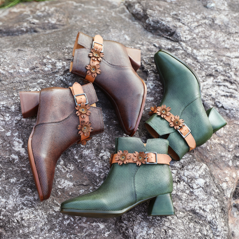 牛皮春秋复古高跟牛皮及裸短靴子