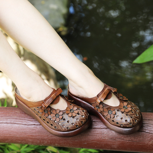 坡跟一字拖真皮森系罗马厚底凉鞋 断码 民族风包头拖鞋 女鞋 清仓夏季