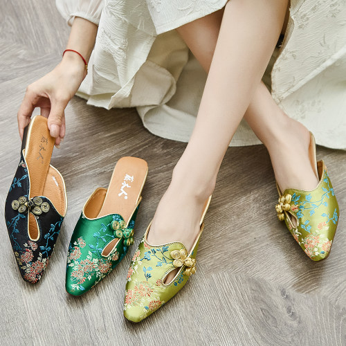 新中式丝绸尖头包头平底女士拖鞋