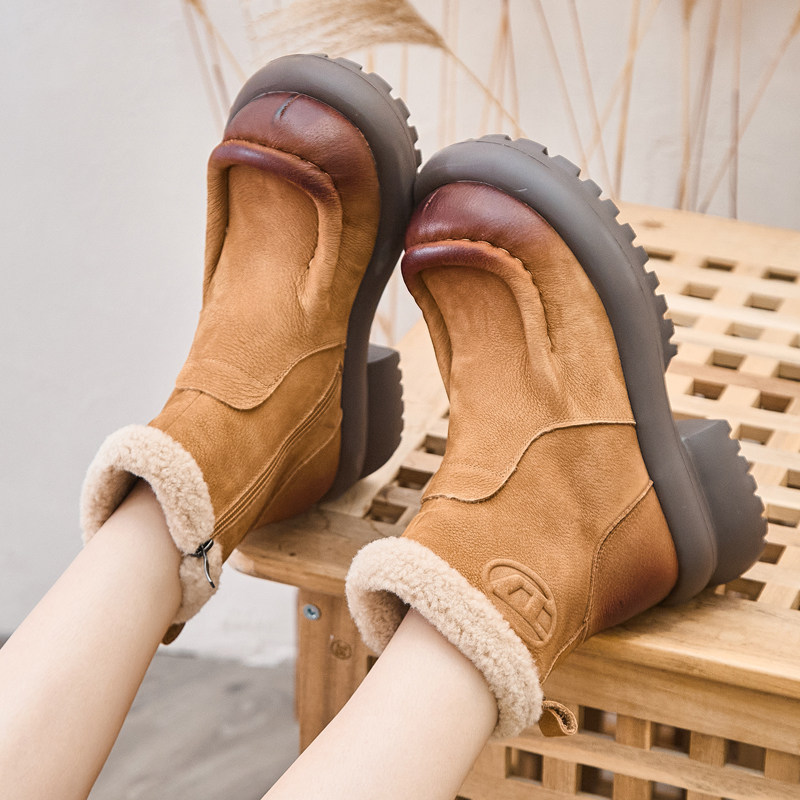 真皮女式学生短靴子冬季加绒短筒女棉鞋复古厚底雪地靴网红马丁靴,女鞋,时尚雪地靴,淘宝优惠券,粉丝福利购,淘宝优惠卷