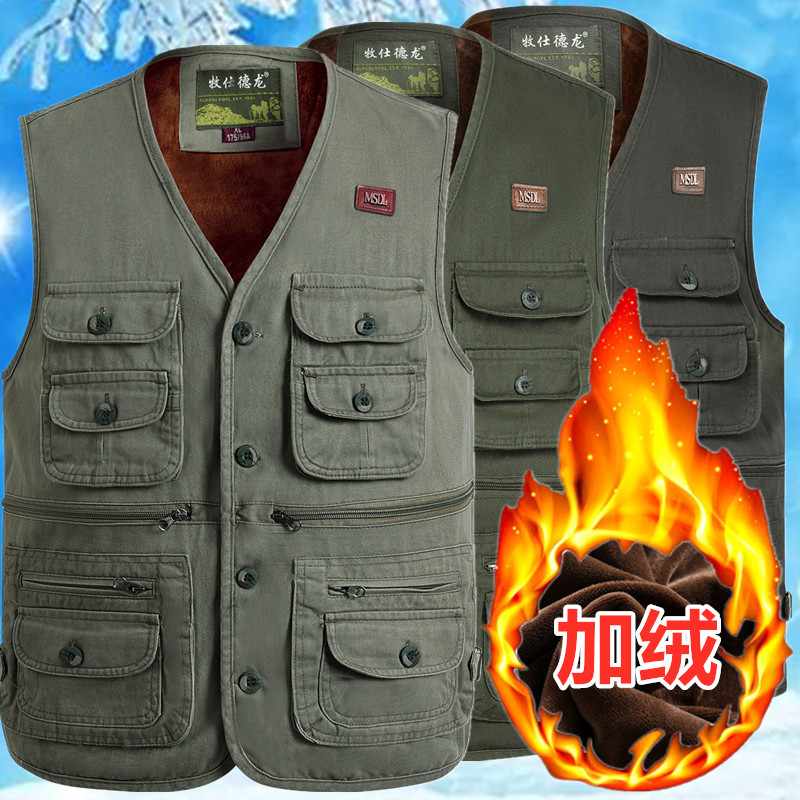 秋冬纯棉纽扣加绒保暖毛马甲男士中老年人多口袋棉坎肩背心高档爸