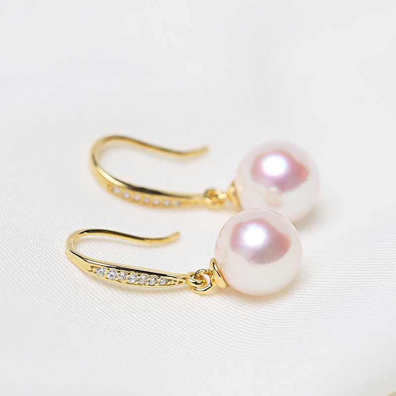 akoya日本天然海水珍珠耳钩925银耳坠耳环极强光正圆镶钻耳饰礼物