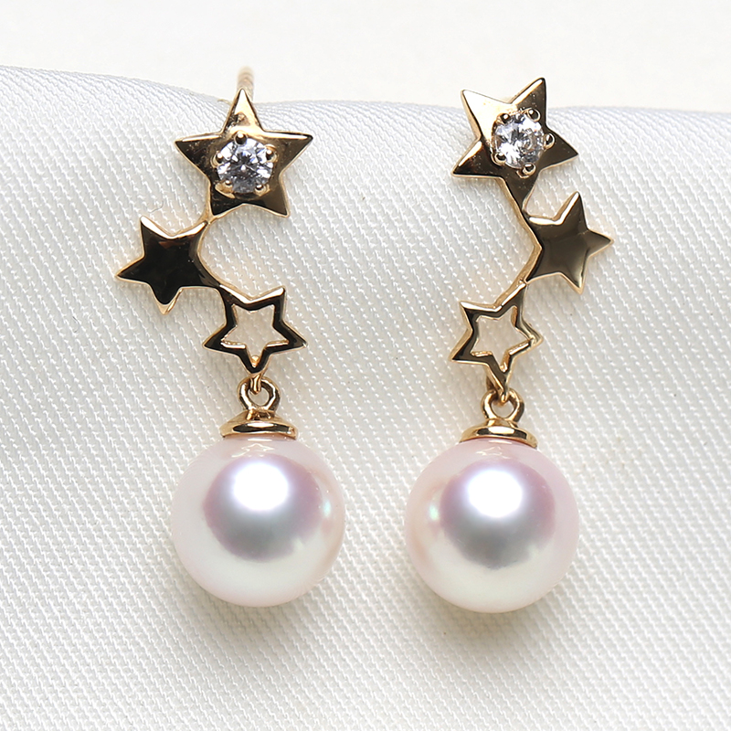 日本AKOYA天然海水珍珠耳钉18K黄金三颗星星气质耳环正圆女款耳饰