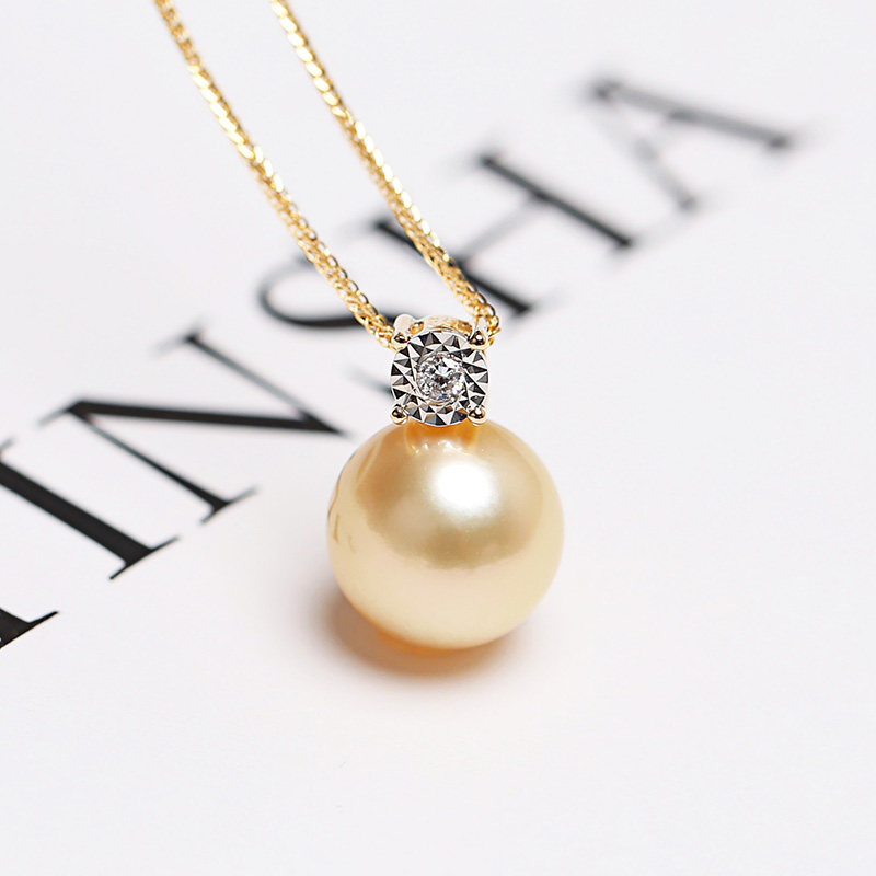 正品18K金钻石天然色南洋金珠吊坠 海水珍珠王妃款项链送妈妈礼物