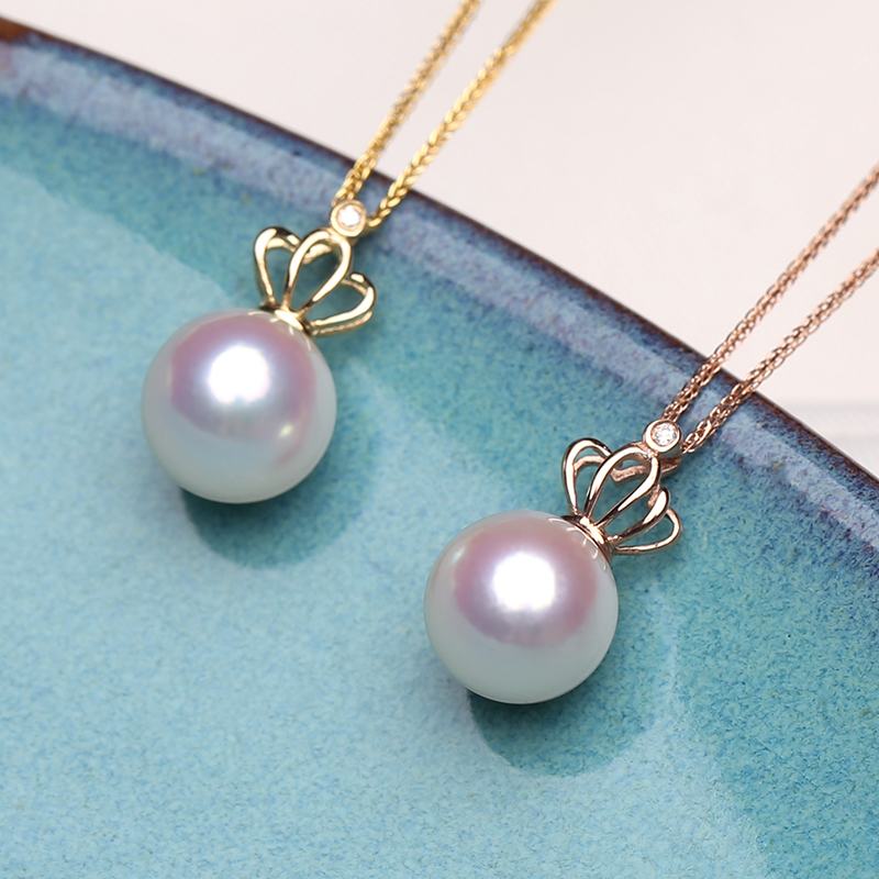 日本akoya天然海水珍珠吊坠18K金皇冠钻石项链单颗正圆镜面极光女