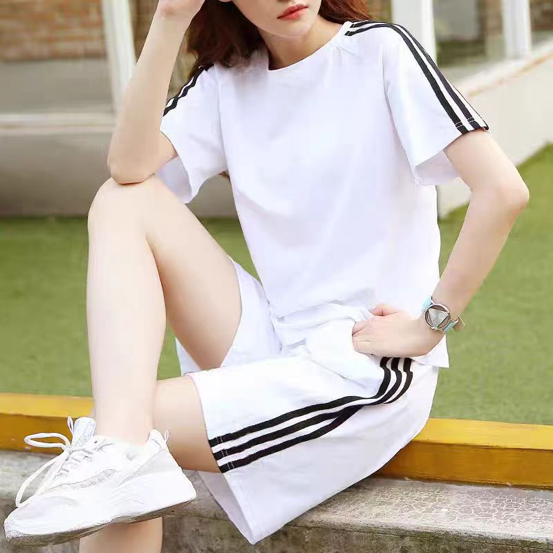2件套运动套装三杠短袖夏季薄款休闲运动套装