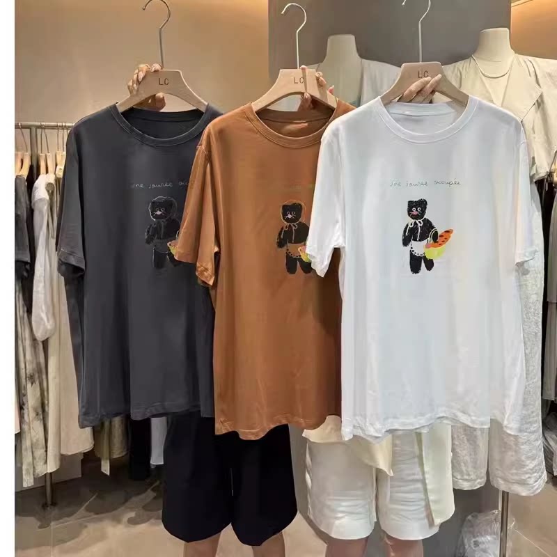 LAS CELULA正品夏装可爱小熊短袖T恤宽松大版字母棉质T休闲上衣女