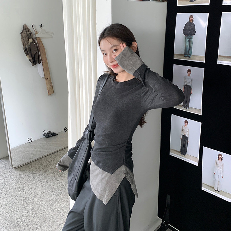 EAL撞色拼接长袖T恤女秋季新款修身显瘦甜辣不规则开叉打底上衣