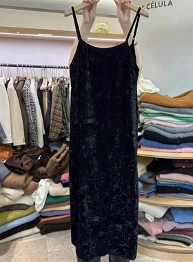 LAS CELULA正品侧开叉黑色丝绒吊带裙金丝绒吊带连衣裙打底裙长裙