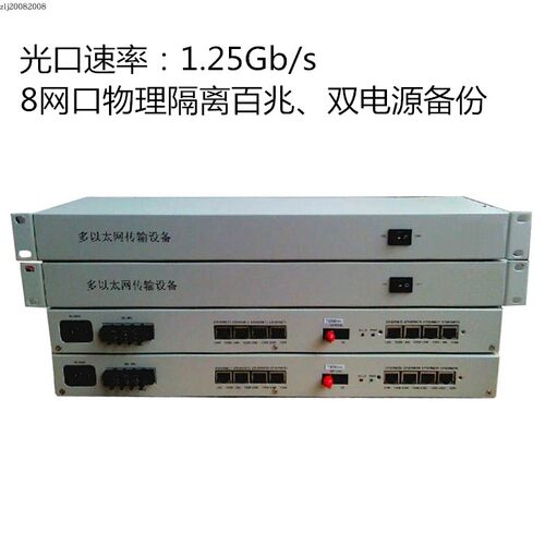 电信级8电口以太网光端机，4/8路物理隔离网络光端机、双电源供电