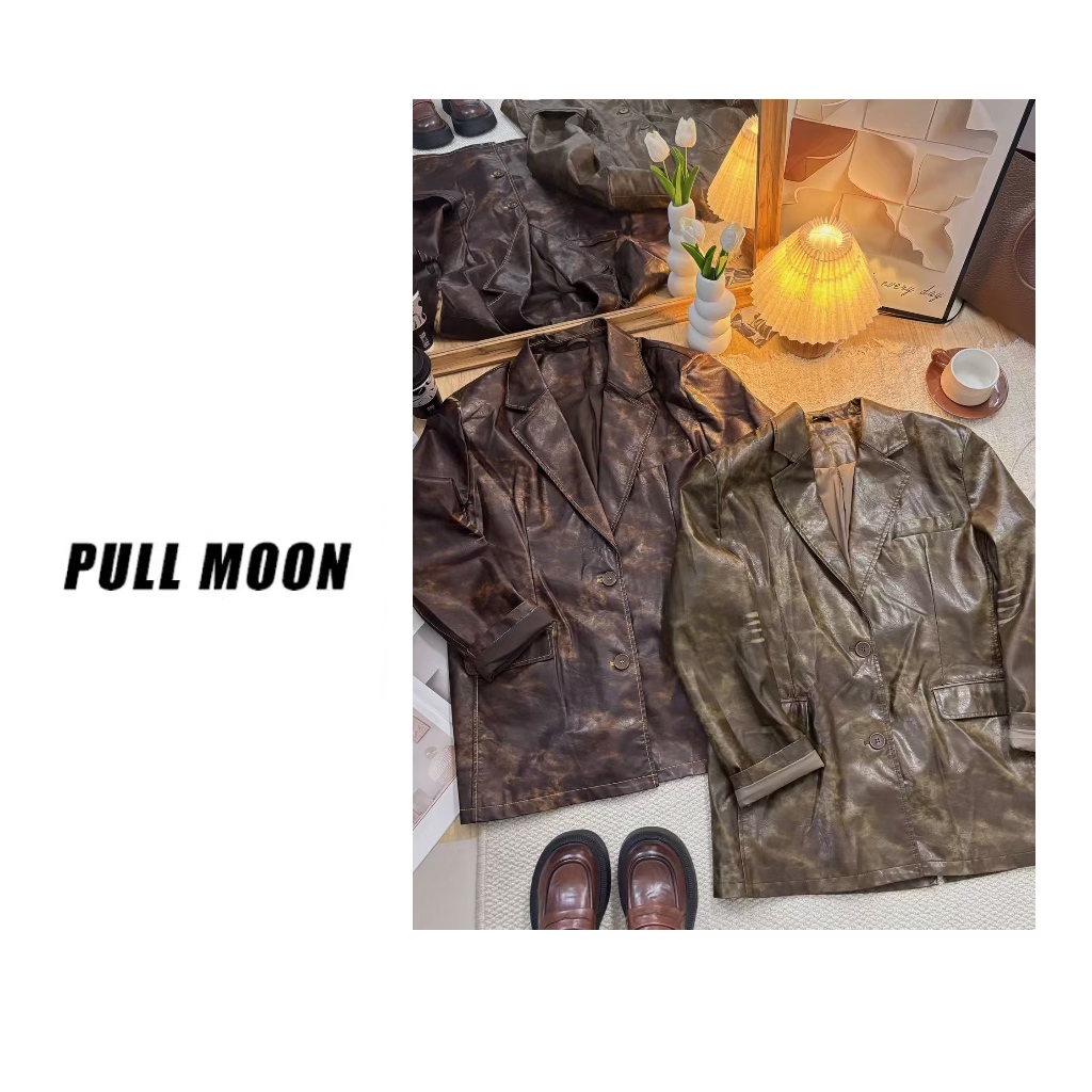 翻领真皮一粒扣西服外套复古阔版