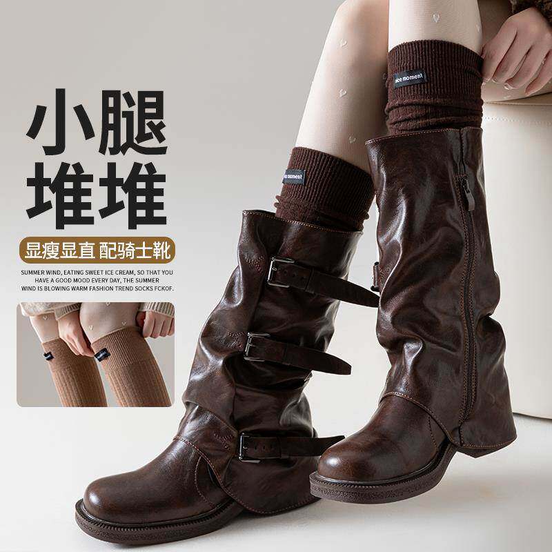 布标小腿袜女秋冬配长靴非纯棉长筒靴袜子搭配冬季长筒堆堆长袜冬