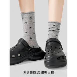 秋日轻透气袜 爆款 灰色蝴蝶结袜子女秋季 加厚中筒袜2025新款