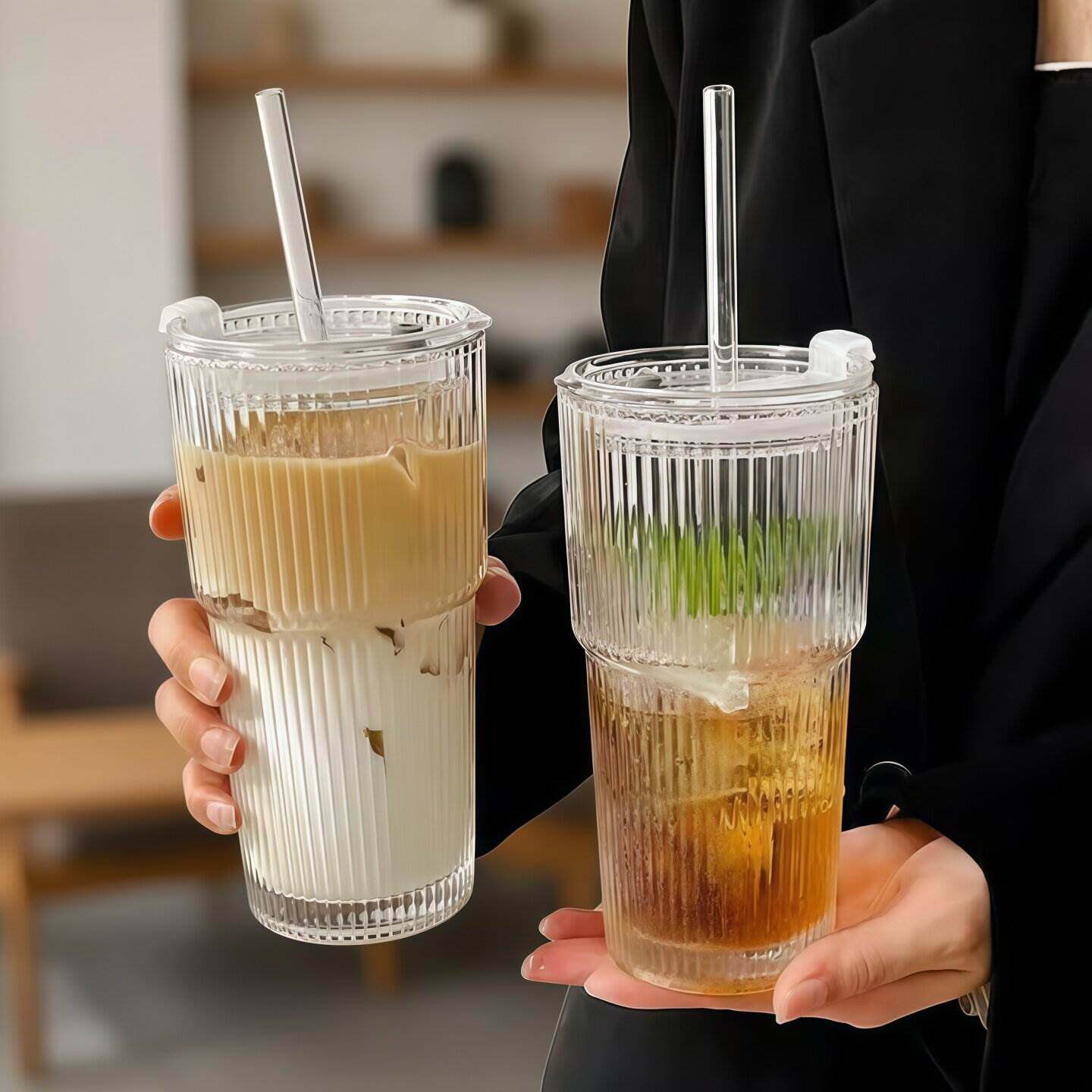 ins竖纹玻璃杯带盖吸管水杯奶茶杯高颜值冷饮杯果汁咖啡杯饮料杯