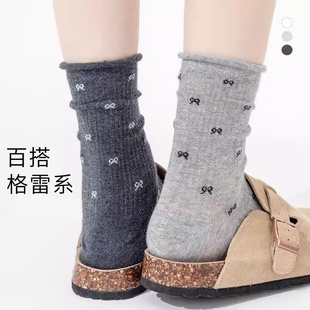 袜子女秋季 长袜 加厚纯棉中筒堆堆袜网眼透气秋天蝴蝶结灰色勃肯鞋
