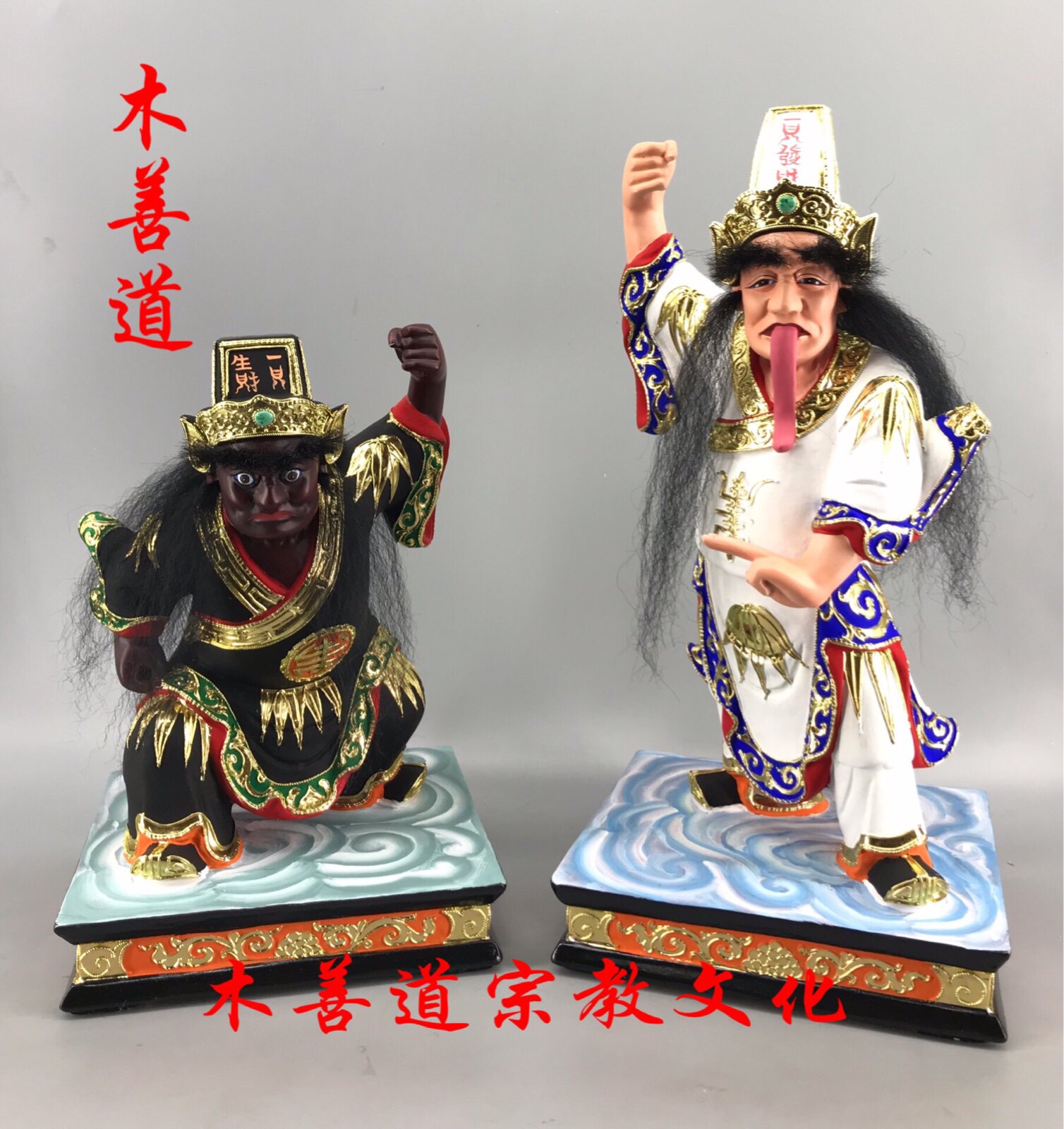 木雕神像七爷八爷黑白无常大二爷伯40厘米樟木漆线雕精品