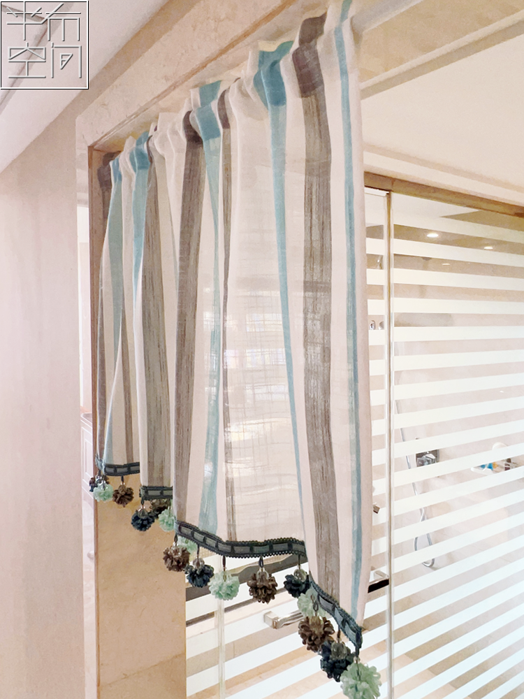 美式条纹免打孔玄关短帘棉麻门帘