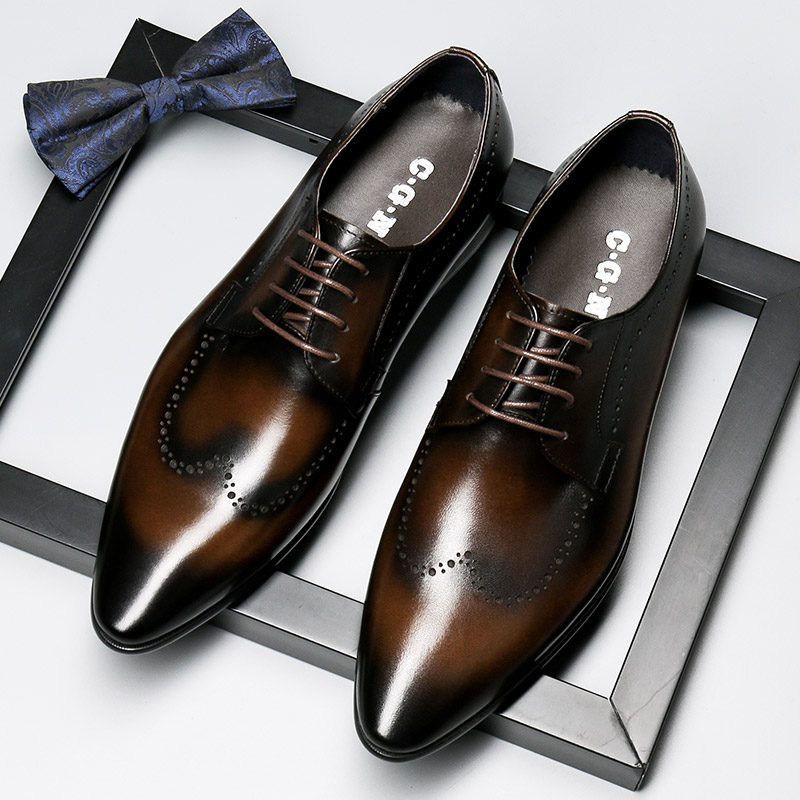布洛克商务风正装尖头真皮休闲鞋