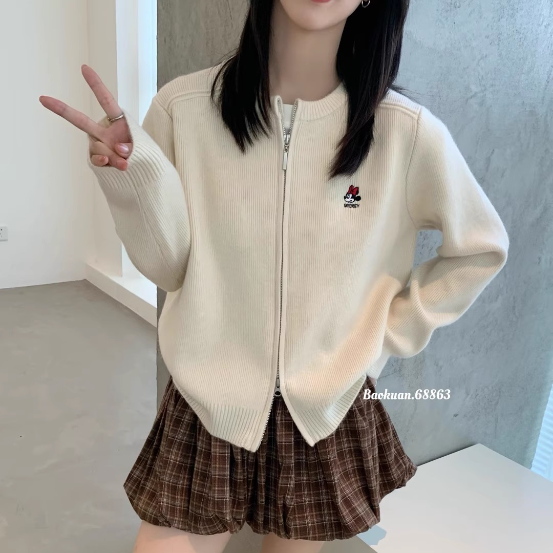 双拉链可爱小老鼠刺绣针织开衫