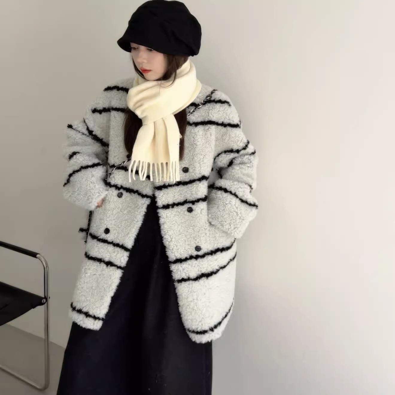 韩系新款秋冬新款羊羔毛毛呢外套 中长款皮毛一体羊毛外套