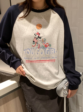 SEAWHEN 复古米奇印花撞色tee圆领印花长袖t宽松显瘦内搭打底上衣