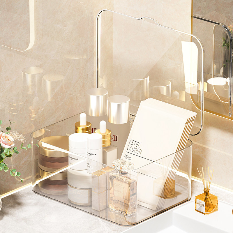 翻盖式桌面收纳盒透明亚克力防尘整理盒卧室宿舍办公室带盖杂物筐