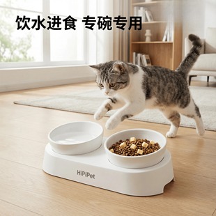 猫碗猫粮萌猫陶瓷双碗防打翻猫碗饮水食盆狗碗不黑下巴猫咪宠物碗