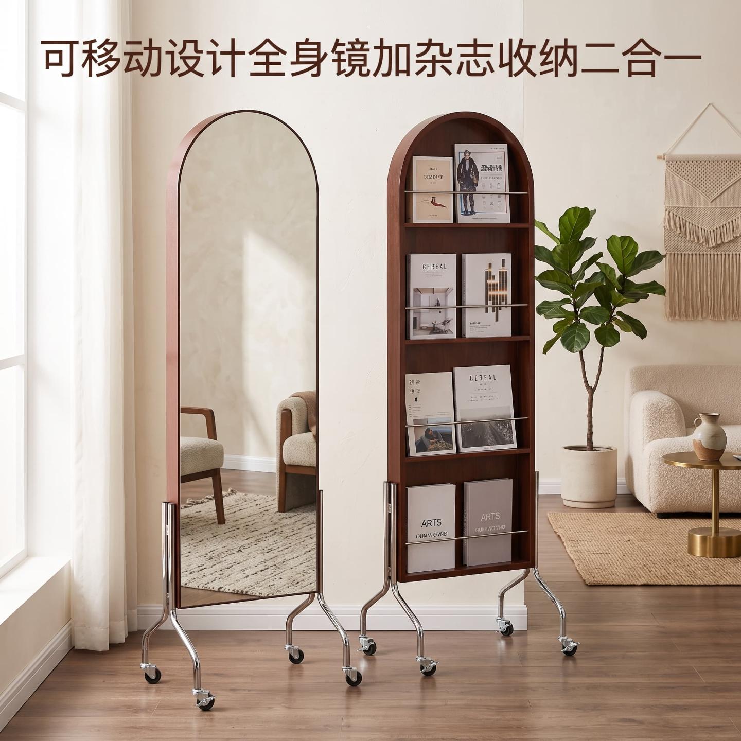 可移动书架简约全身镜收纳杂志架落地书报展示置物旋转穿衣镜带轮