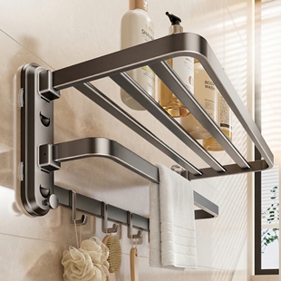 碳钢吸盘毛巾架卫生间免打孔壁挂式 可拆卸双折叠浴巾架子浴室角架