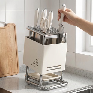 不锈钢厨房刀架家用台面置地可旋转收纳架刀座刀具一体置物架家用