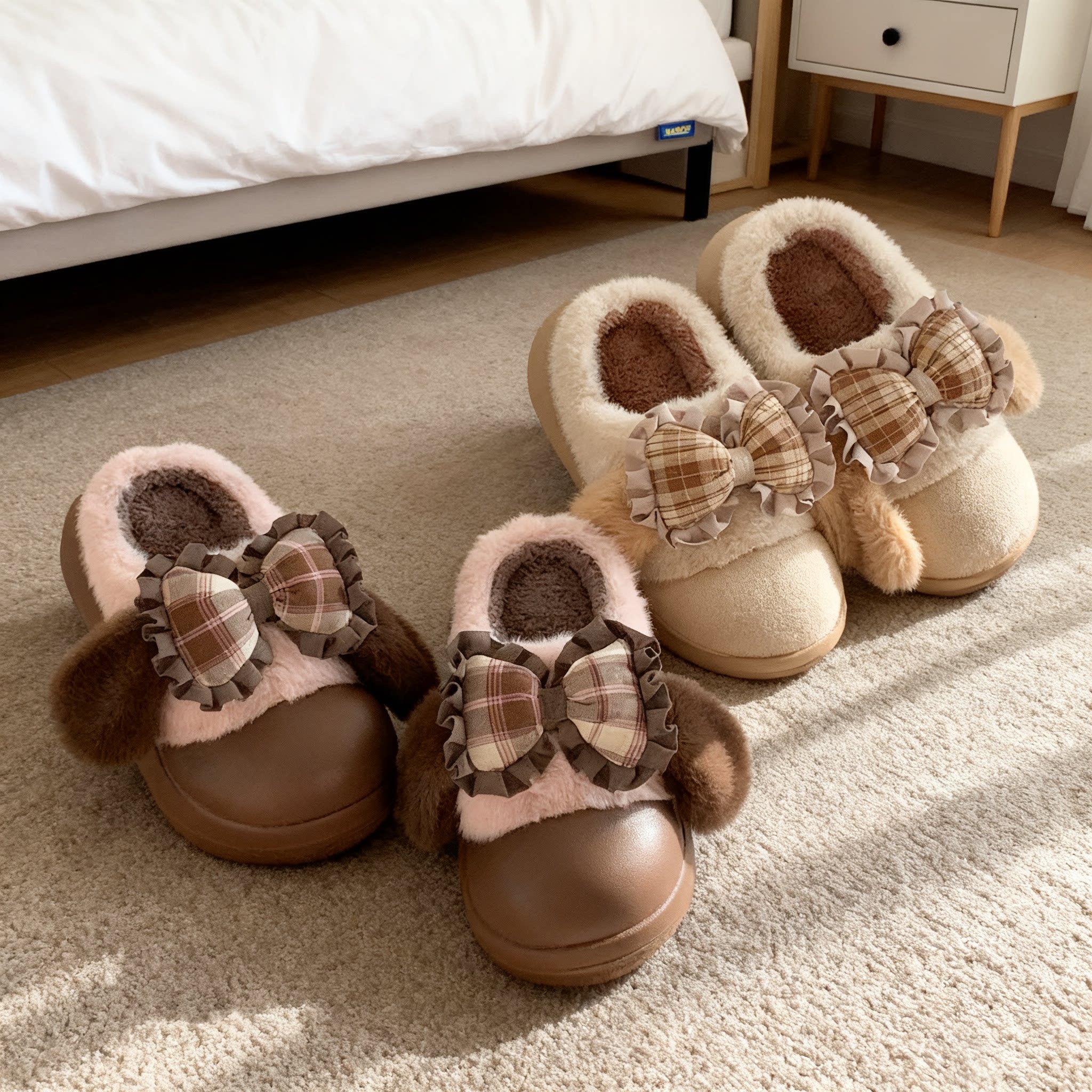 舒适厚底结女士毛毛鞋可爱兔耳朵心软萌棉拖鞋冬蝴蝶结室内保暖女