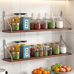 厨房墙上置物架免打孔壁挂墙面调料调味品多功能收纳墙壁一字木板