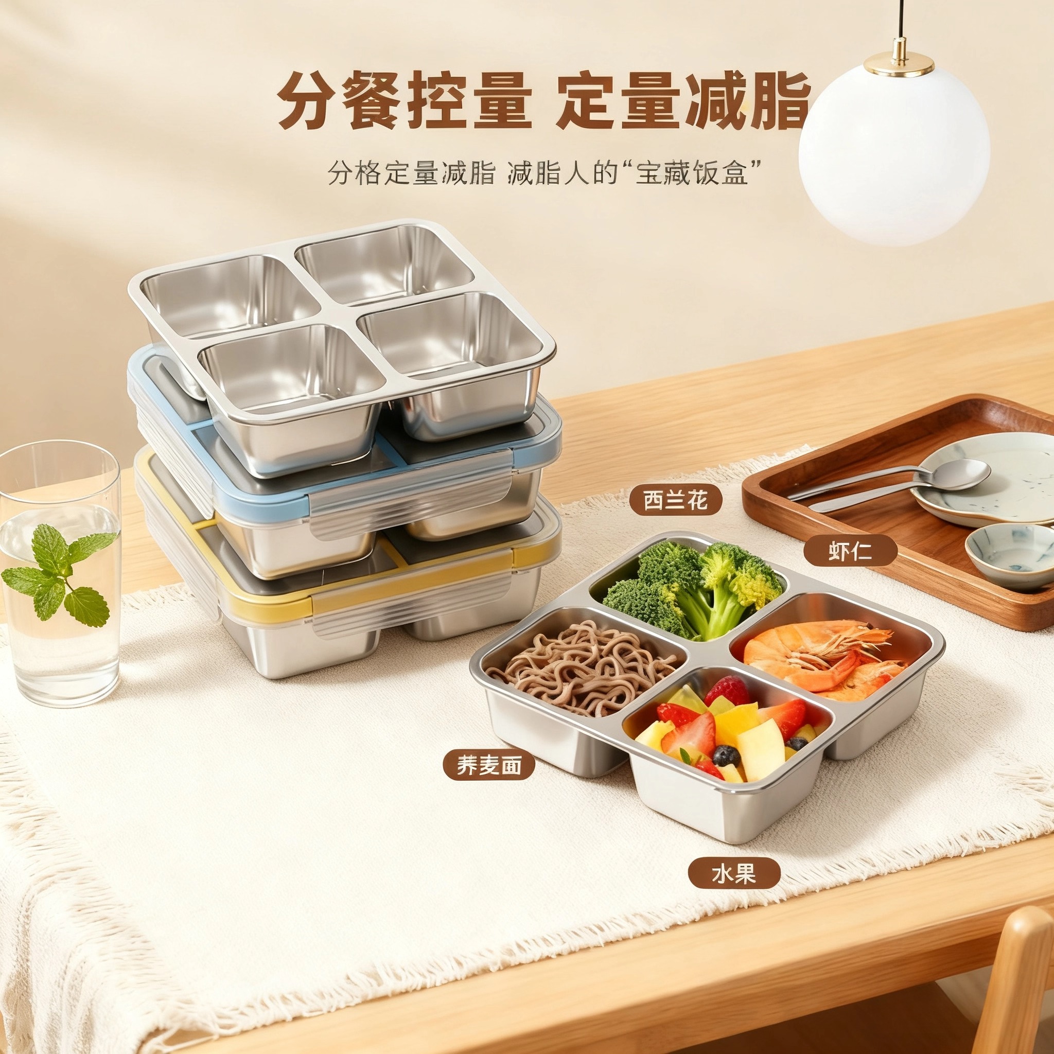 不锈钢减脂餐盒带盖餐盘分格定量
