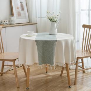 几何图案绿色提花几何桌布文艺圆桌茶几餐桌布艺长台布圆形棉质
