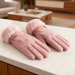 保暖手套女士冬季 麂皮绒双层加绒加厚骑行触屏德绒仿麂皮绒可触屏