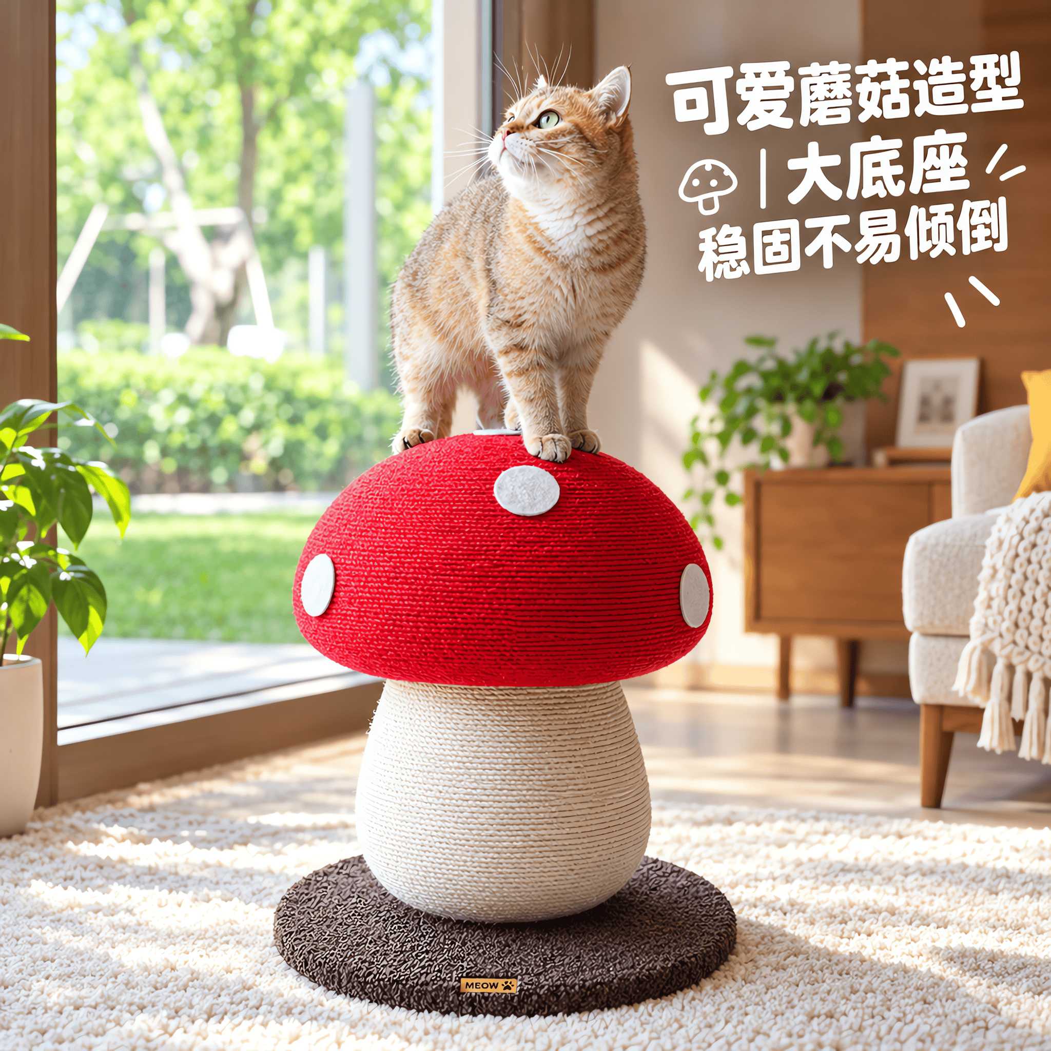 猫抓板蘑菇立式麻绳磨爪耐磨不屑抓柱可爱耐猫玩具蘑菇造型棉质板