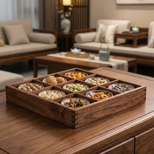 木质干果盘沙比利九宫格火锅烧烤配料拼盘围炉煮茶托盘多格收纳盒
