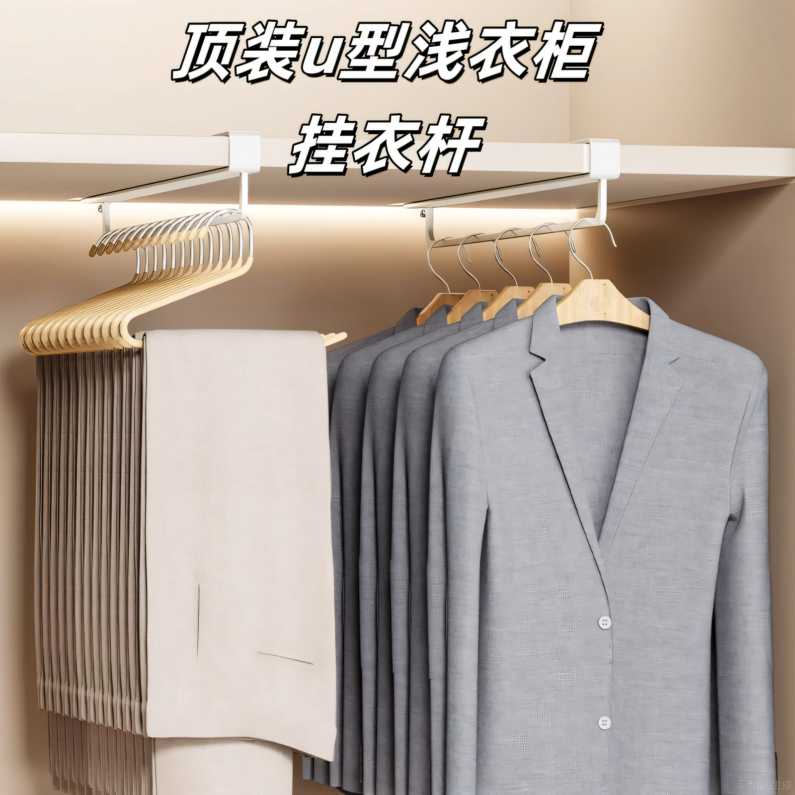 顶装u型浅衣柜免打孔衣柜挂衣杆