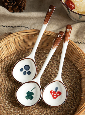 居家家陶瓷勺子家用日式高颜值喝汤的小勺子长柄圆头盛汤舀粥调羹