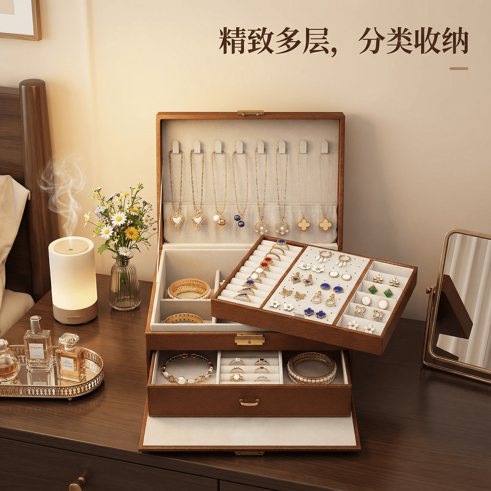 家用高级感多层防氧化首饰盒高档精致耳环项链手镯饰品收纳盒家用,收纳整理,首饰盒,淘宝优惠券,粉丝福利购,淘宝优惠卷