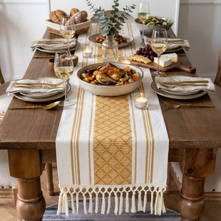 编织加厚户外桌旗网格提花色织拼色美式 饰长条桌旗 复古桌巾餐桌装